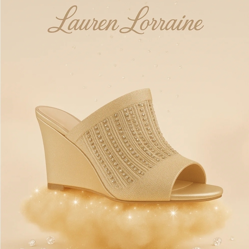 New Lauren Lorraine Martha Gold Wedge Slide Mules Sandals 8